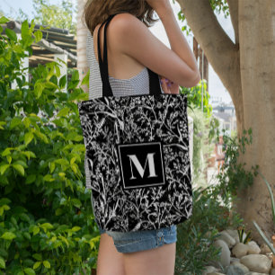 Monogram Text Floral Blume Graustufen Tasche
