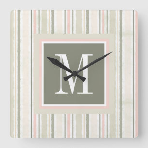 Monogram   The Joy of White   Watercolor Stripes Quadratische Wanduhr