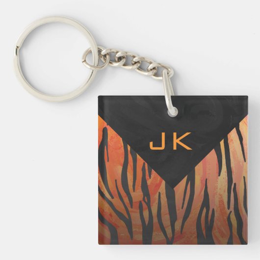 Monogram Tiger Hot Orange und Schwarz Print Muster Schlüsselanhänger (Vorderseite)