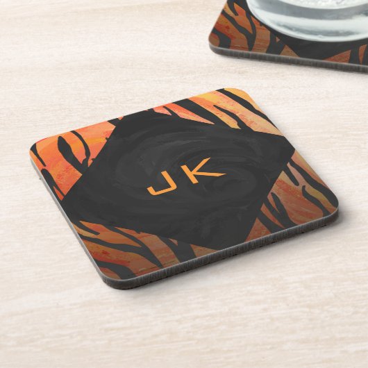 Monogram Tiger Hot Orange und Schwarz Print Muster Untersetzer (Linke Seite)