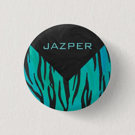 Monogram Tiger Schwarz und Aquamarines Druckmuster Button (Vorderseite)