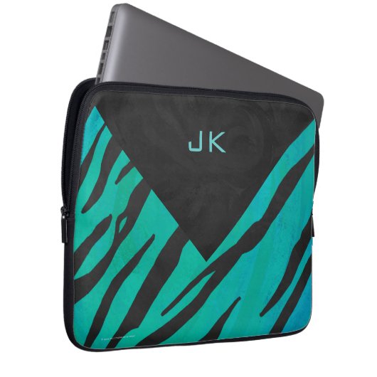 Monogram Tiger Schwarz und Aquamarines Druckmuster Laptopschutzhülle (Vorne Rechts)