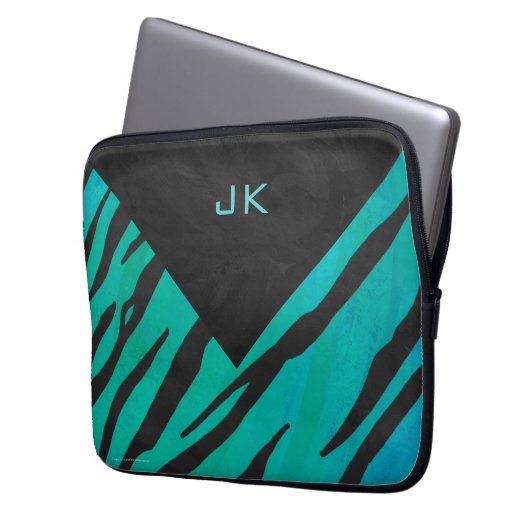 Monogram Tiger Schwarz und Aquamarines Druckmuster Laptopschutzhülle (Vorderseite Links)