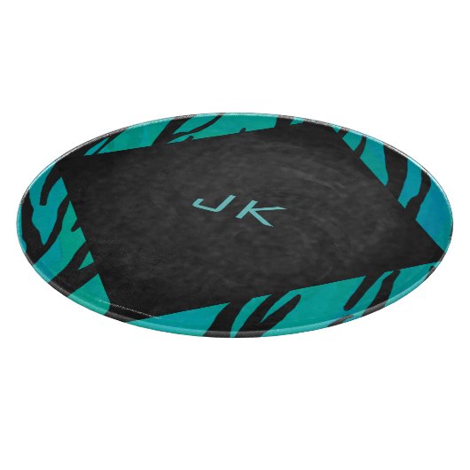 Monogram Tiger Schwarz und Aquamarines Druckmuster Schneidebrett (Ecke)