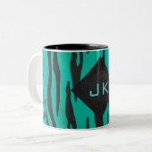 Monogram Tiger Schwarz und Aquamarines Druckmuster Zweifarbige Tasse (Vorderseite Links)