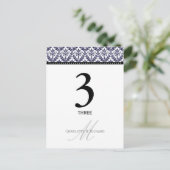 Monogram-Tischnummer für den Navy Blue Damask Postkarte (Stehend Vorderseite)