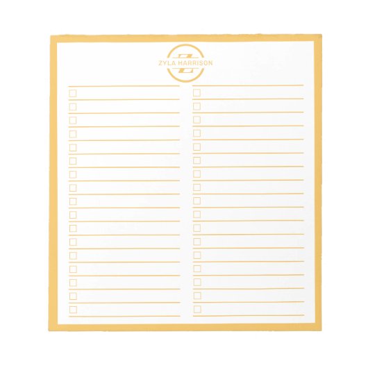 Monogram To Do List Minimalist Yellow Name Notizblock (Vorderseite)