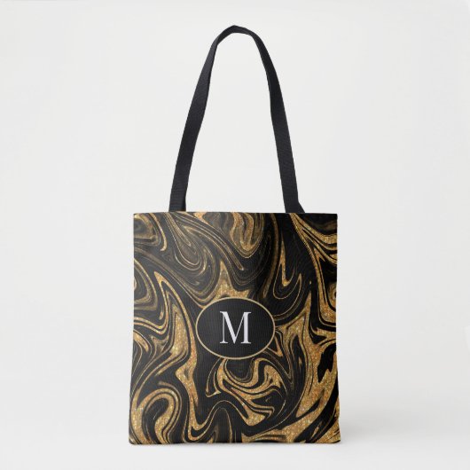 Monogram Tote Bag Gold Glitzer auf schwarzem Hinte Tasche (Vorderseite)