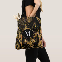 Monogram Tote Bag Gold Glitzer auf schwarzem Hinte