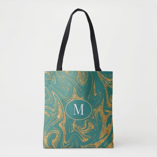 Monogram Tote Bag Gold Glitzer auf schwarzem Hinte Tasche (Vorderseite)