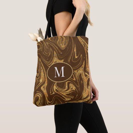 Monogram Tote Bag Gold Glitzer Brauner Hintergrund Tasche (Von Nahem)
