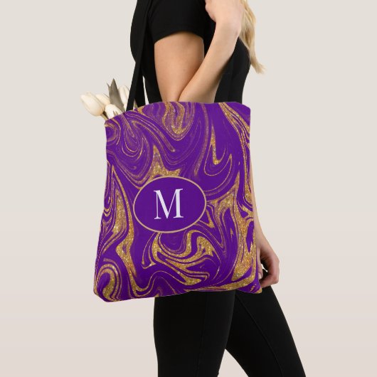 Monogram Tote Bag Gold Glitzer Lila Hintergrund Tasche (Von Nahem)