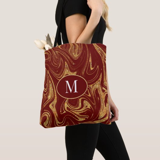 Monogram Tote Bag Gold Glitzer Maroon Hintergrund Tasche (Von Nahem)