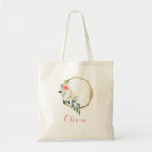 Monogram Tote Bag, Letter "O" Floral Gold Blush Tragetasche (Vorne)
