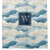 Monogram Tranquil Blau/Weiß Wave Muster anzeigen Duschvorhang (Vorderseite)