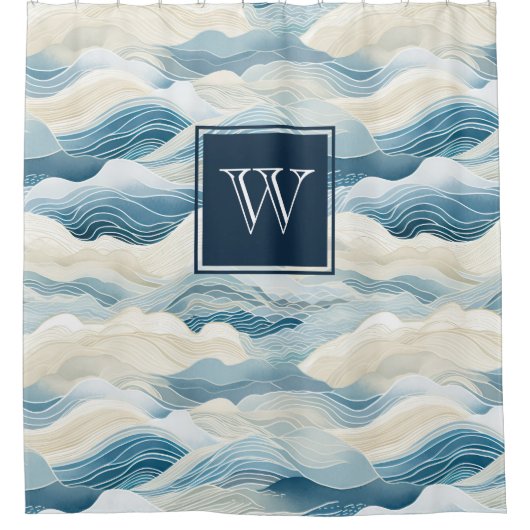 Monogram Tranquil Blau/Weiß Wave Muster anzeigen Duschvorhang (Vorderseite)