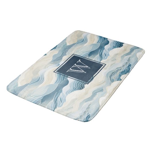 Monogram Tranquil Blau-Weiße Wellenmuster Bath Badematte (Schrägansicht)