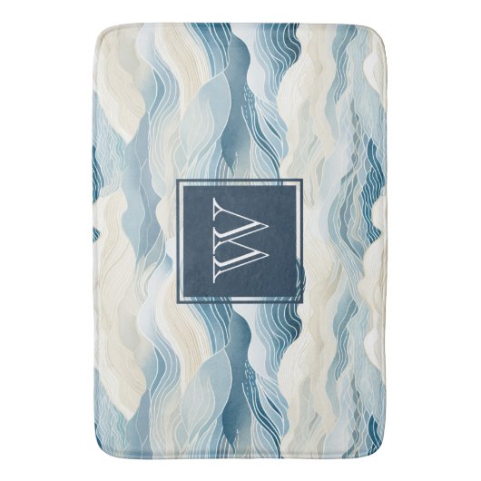 Monogram Tranquil Blau-Weiße Wellenmuster Bath Badematte (Vorderseite Vertikal)