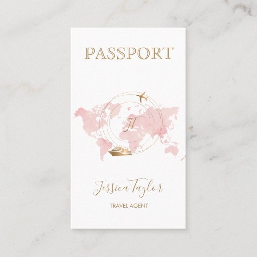 Monogram Travel Agent Passport World Map Foto Visitenkarte (Vorderseite)