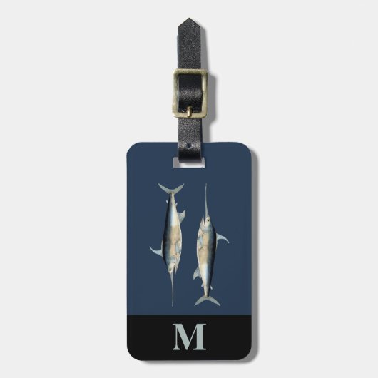 Monogram Travel Blue Graue Schwertfische Fische Gepäckanhänger (Vorderseite vertikal)