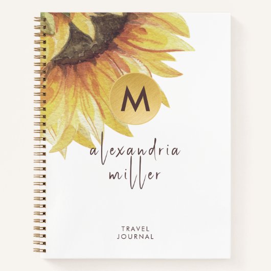 Monogram Travel Journal Watercolor Sunflower Notizblock (Vorderseite)