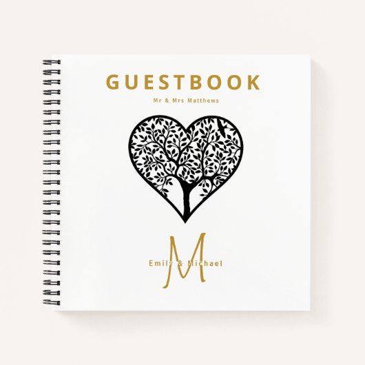 Monogram Tree of Life Wedding Guest Book Gold Blac Notizblock (Vorderseite)