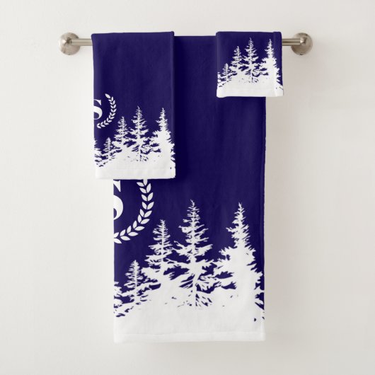Monogram Trees Bath Towel Set Blue and White (Insitu)