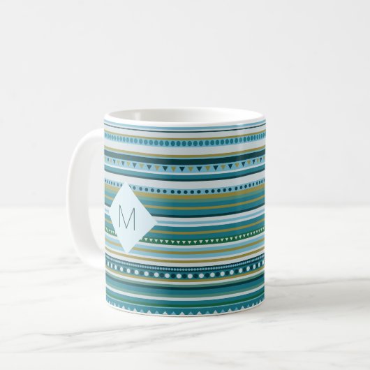 Monogram Tribal Aquamarin Blue Pattern Tasse (Vorderseite Links)