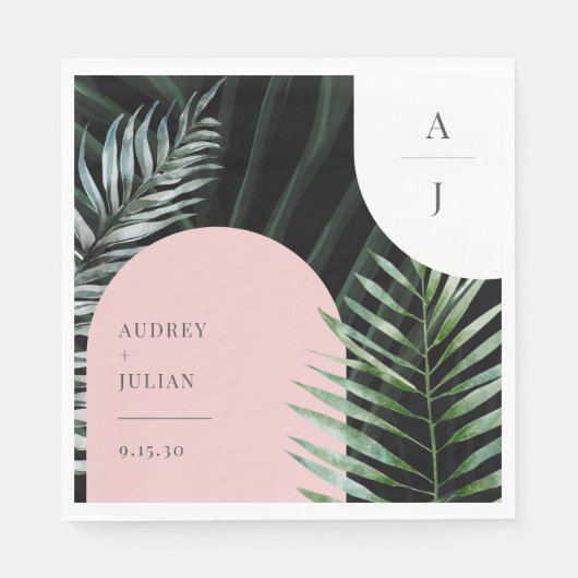 Monogram Tropical Blush Pink Arch Palm Blätter Serviette (Vorderseite)