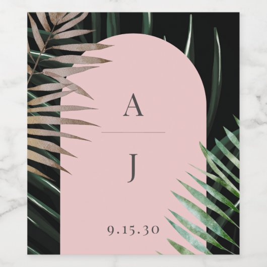 Monogram Tropical Blush Pink Arch Palm Blätter Weinetikett (Einzelnes Label)