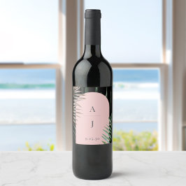 Monogram Tropical Blush Pink Arch Palm Blätter Weinetikett