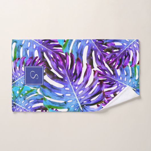 Monogram Tropical Leaf Muster Lila Blue Modern Badhandtuch Set (Handtuch)