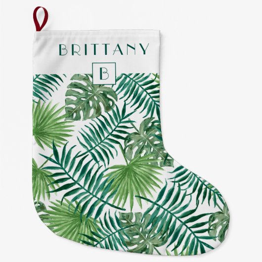 Monogram Tropical Palm Blätter Green Großer Weihnachtsstrumpf (Vorderseite)
