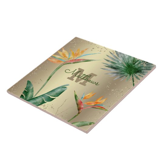 Monogram Tropical Palm Foliage Floral Script Gold Fliese (Seite)