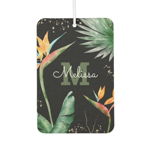 Monogram Tropical Palm Foliage Gold Black Script Autolufterfrischer (Vorderseite)