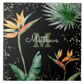 Monogram Tropical Palm Foliage Script Gold Black Fliese (Vorderseite)