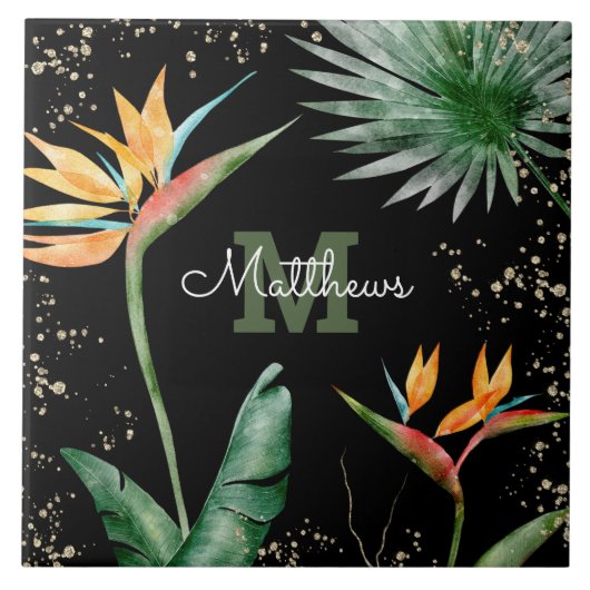 Monogram Tropical Palm Foliage Script Gold Black Fliese (Vorderseite)