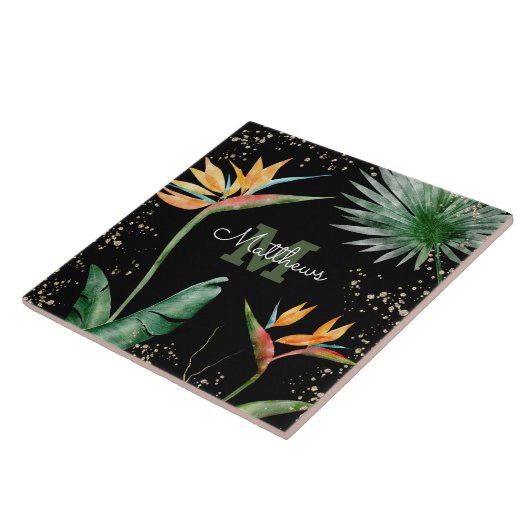 Monogram Tropical Palm Foliage Script Gold Black Fliese (Seite)