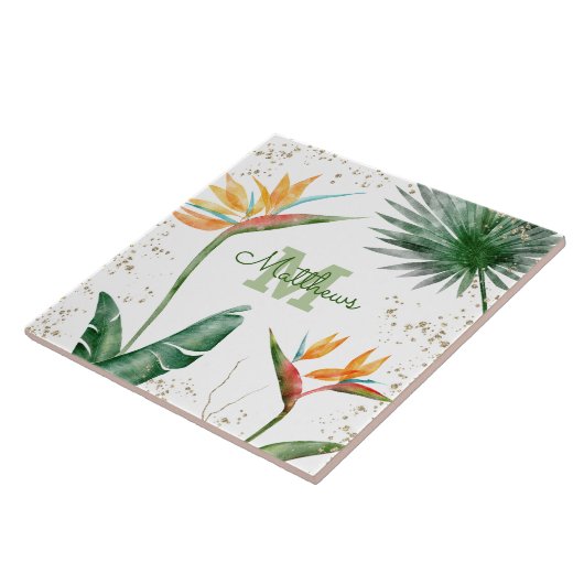 Monogram Tropical Palm Foliage Script Gold White Fliese (Seite)