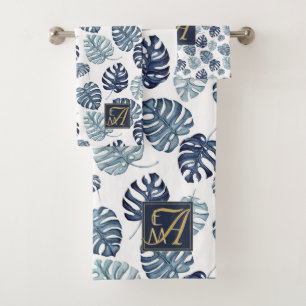 Monogram Tropical Palm Navy Blue Gold Hochzeit Badhandtuch Set