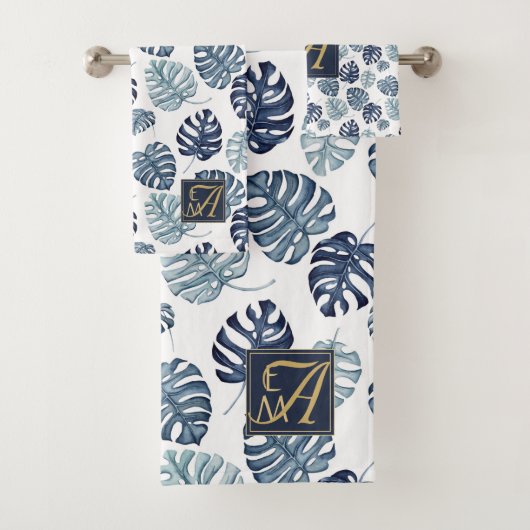 Monogram Tropical Palm Navy Blue Gold Hochzeit Badhandtuch Set (Insitu)