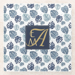 Monogram Tropical Palm Navy Blue Gold Hochzeit Glasuntersetzer