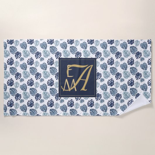 Monogram Tropical Palm Navy Blue Gold Hochzeit Strandtuch (Vorderseite)