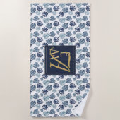 Monogram Tropical Palm Navy Blue Gold Hochzeit Strandtuch (Vorderseite)