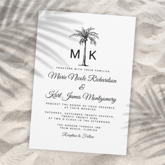 Monogram Tropical Palm Tree Formal Beach Wedding Einladung