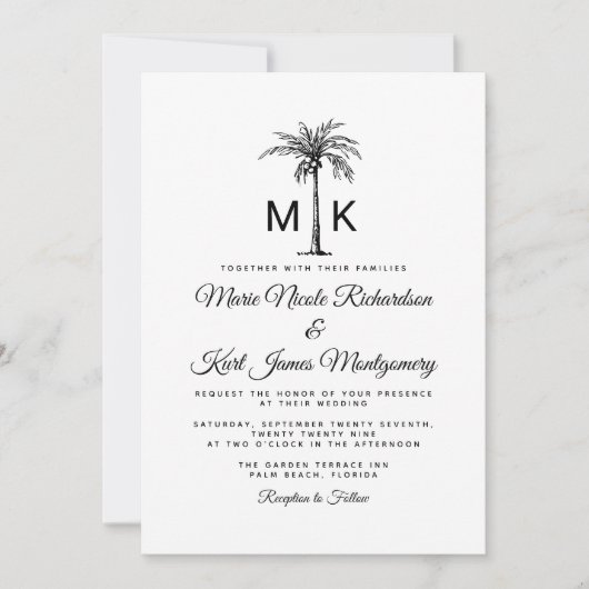 Monogram Tropical Palm Tree Formal Beach Wedding Einladung (Vorderseite)