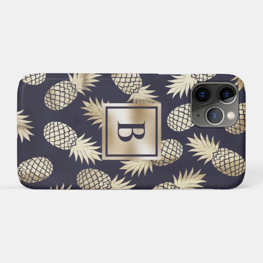 Monogram Tropical Pineapple Girly Gold Navy Case-Mate iPhone Hülle (Rückseite (Horizontal))