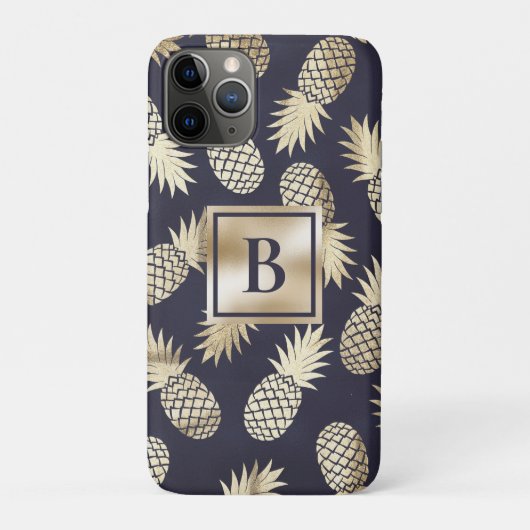 Monogram Tropical Pineapple Girly Gold Navy Case-Mate iPhone Hülle (Rückseite)