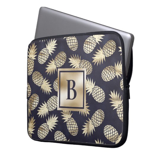 Monogram Tropical Pineapple Girly Gold Navy Laptopschutzhülle (Vorderseite Links)