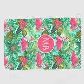Monogram Tropical Pink Flamingo Floral Girly Golfhandtuch (Horizontal)